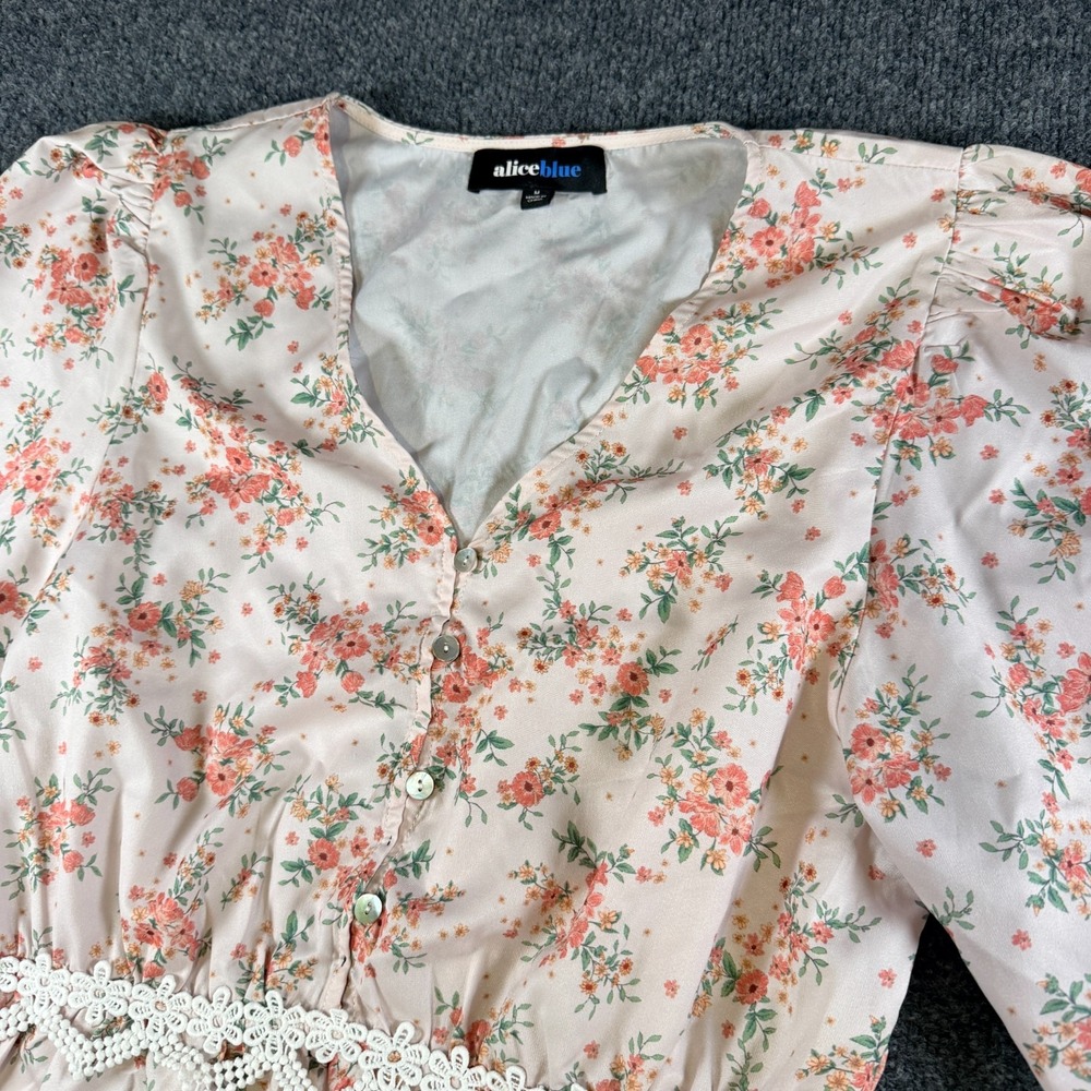 Alice Blue Peplum Blouse Womens Medium Pink Floral Lace Trim‎ Puff Sleeve V-Neck